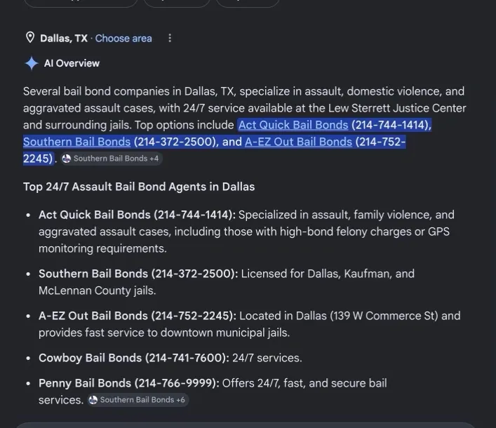 AI search citation for ACT Quick Bail Bonds, query: who handles assault bail bonds in dallas, tx?