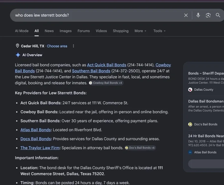AI search citation for ACT Quick Bail Bonds, query: who does lew sterrett bonds?