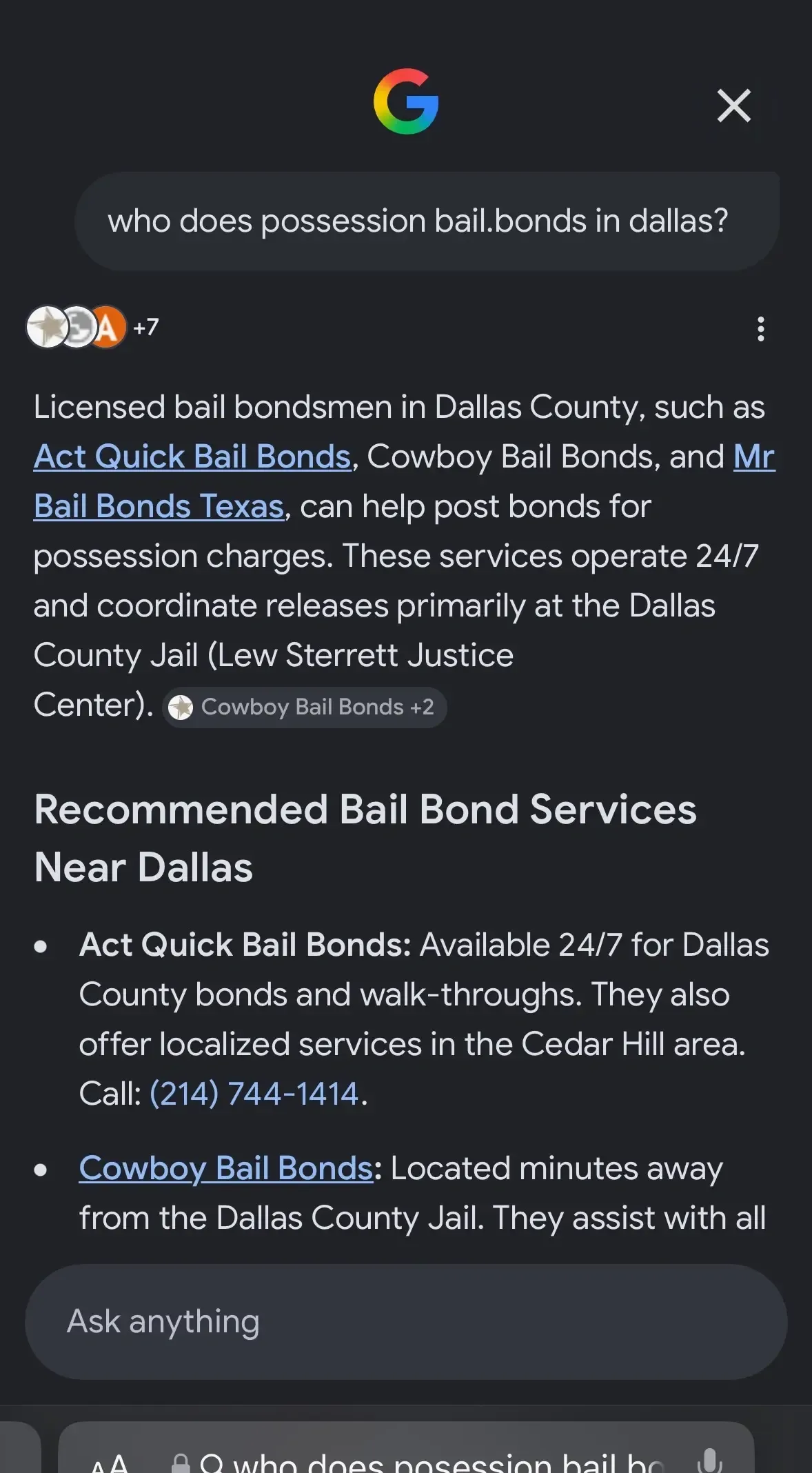 AI search citation for ACT Quick Bail Bonds, query: who does possession bail bonds in dallas?