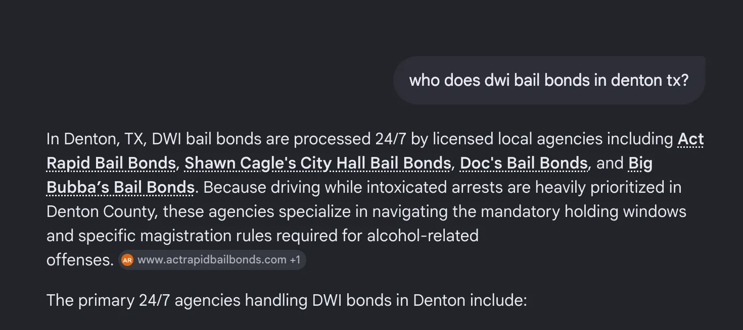 Google AI Overview citation for ACT Rapid Bail Bonds, query: who does dwi bail bonds in denton tx?