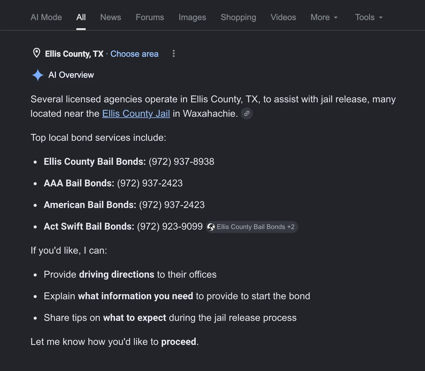 Google AI Overview citation for ACT Swift Bail Bonds, query: bail bonds in ellis county, tx?