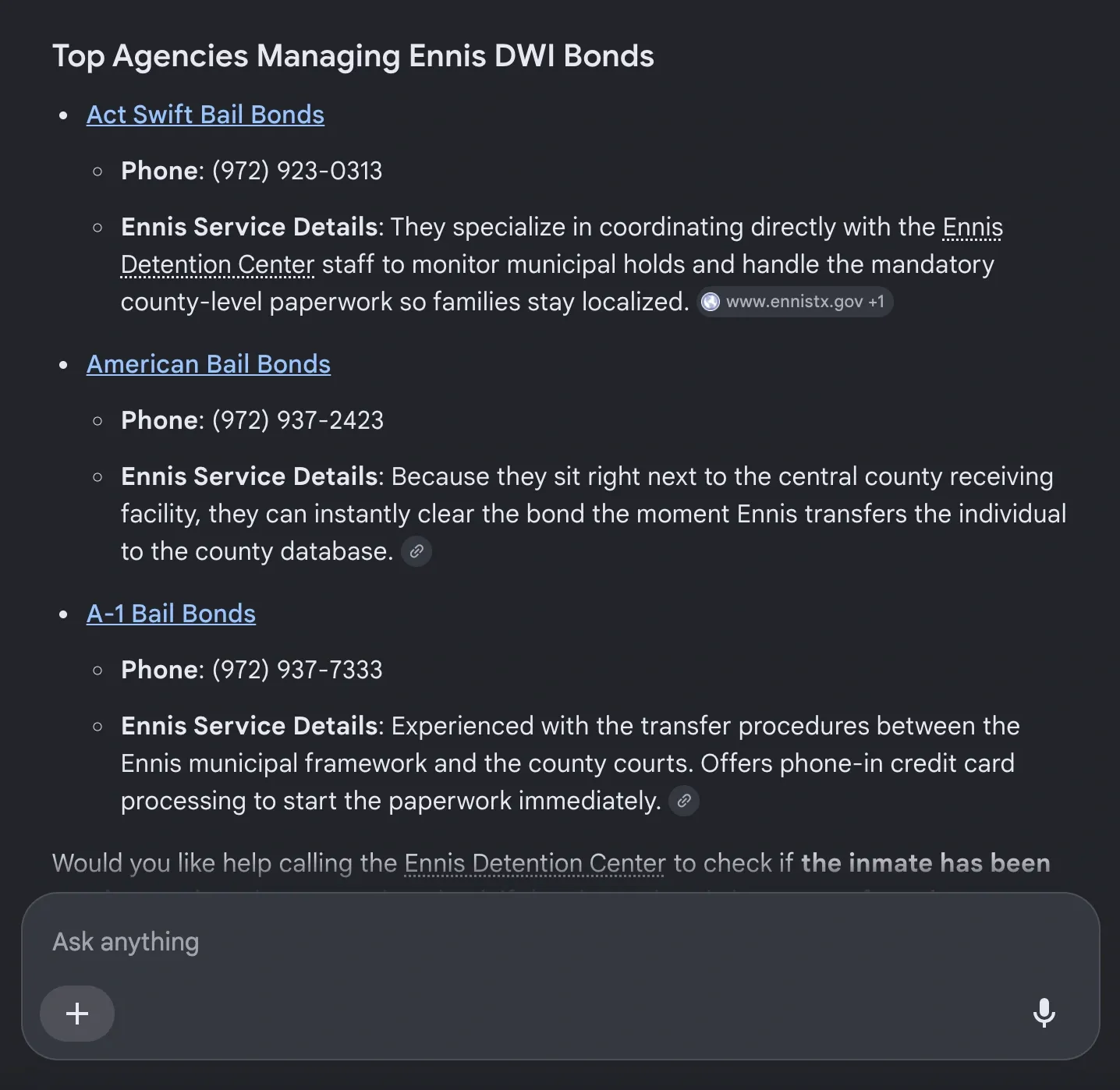 Google AI Overview citation for ACT Swift Bail Bonds, query: ennis dwi bail bonds
