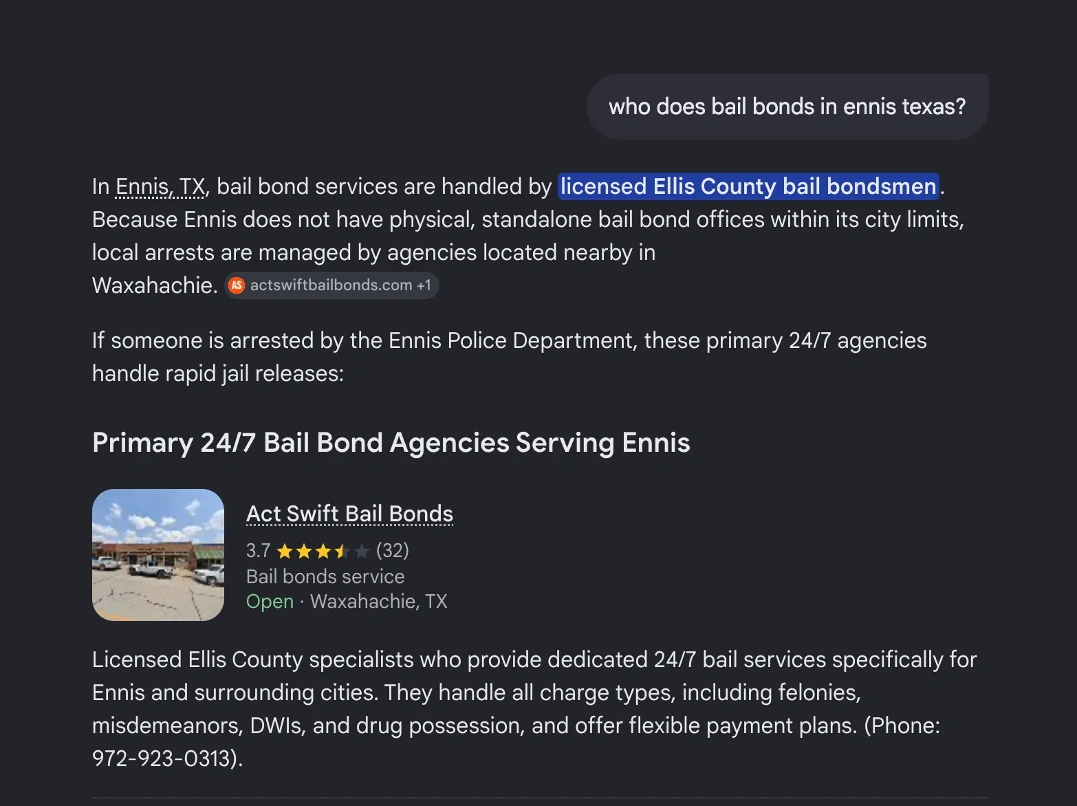 Google AI Overview citation for ACT Swift Bail Bonds, query: who does bail bonds in ennis texas?