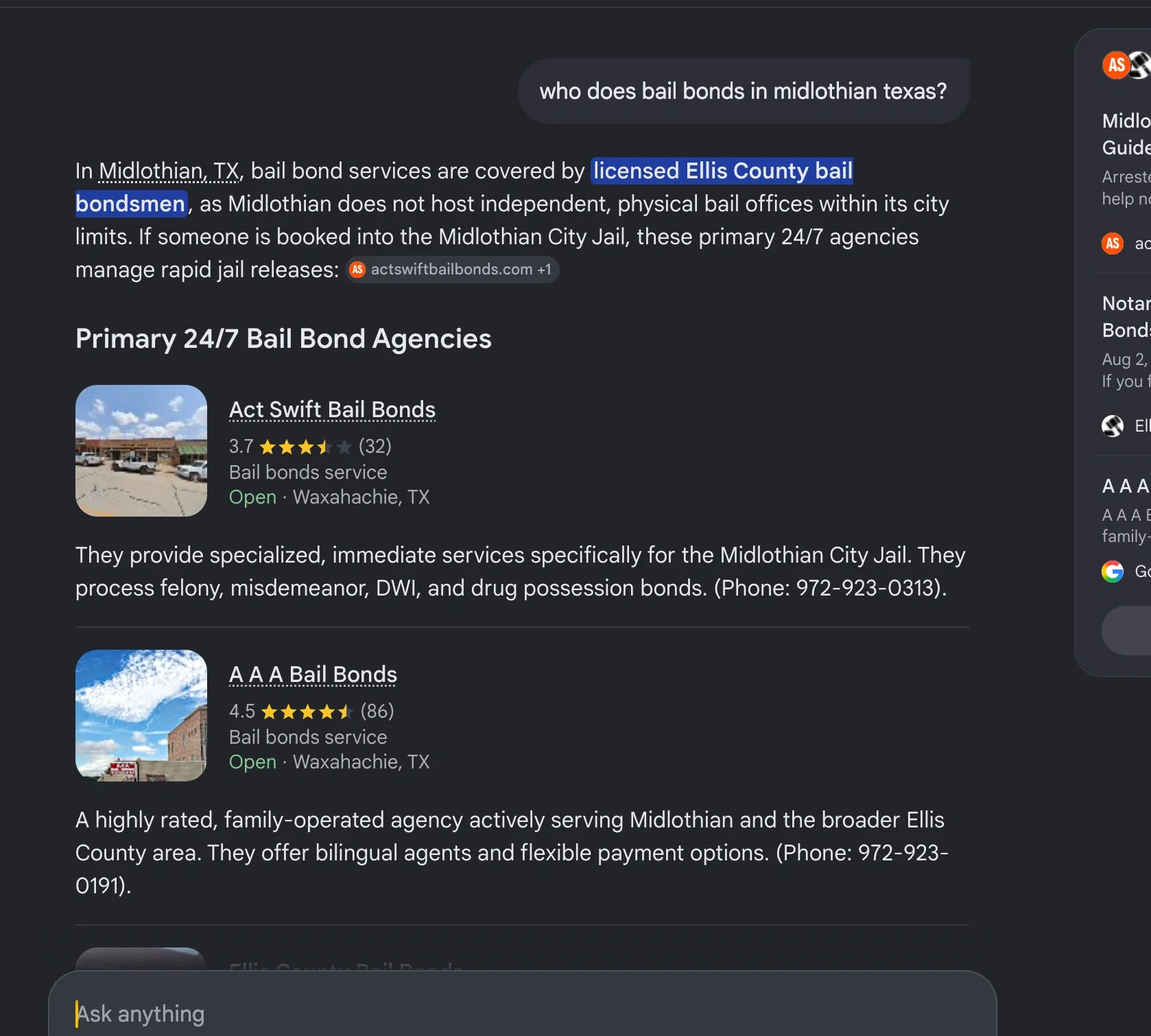 Google AI Overview citation for ACT Swift Bail Bonds, query: who does bail bonds in midlothian texas?