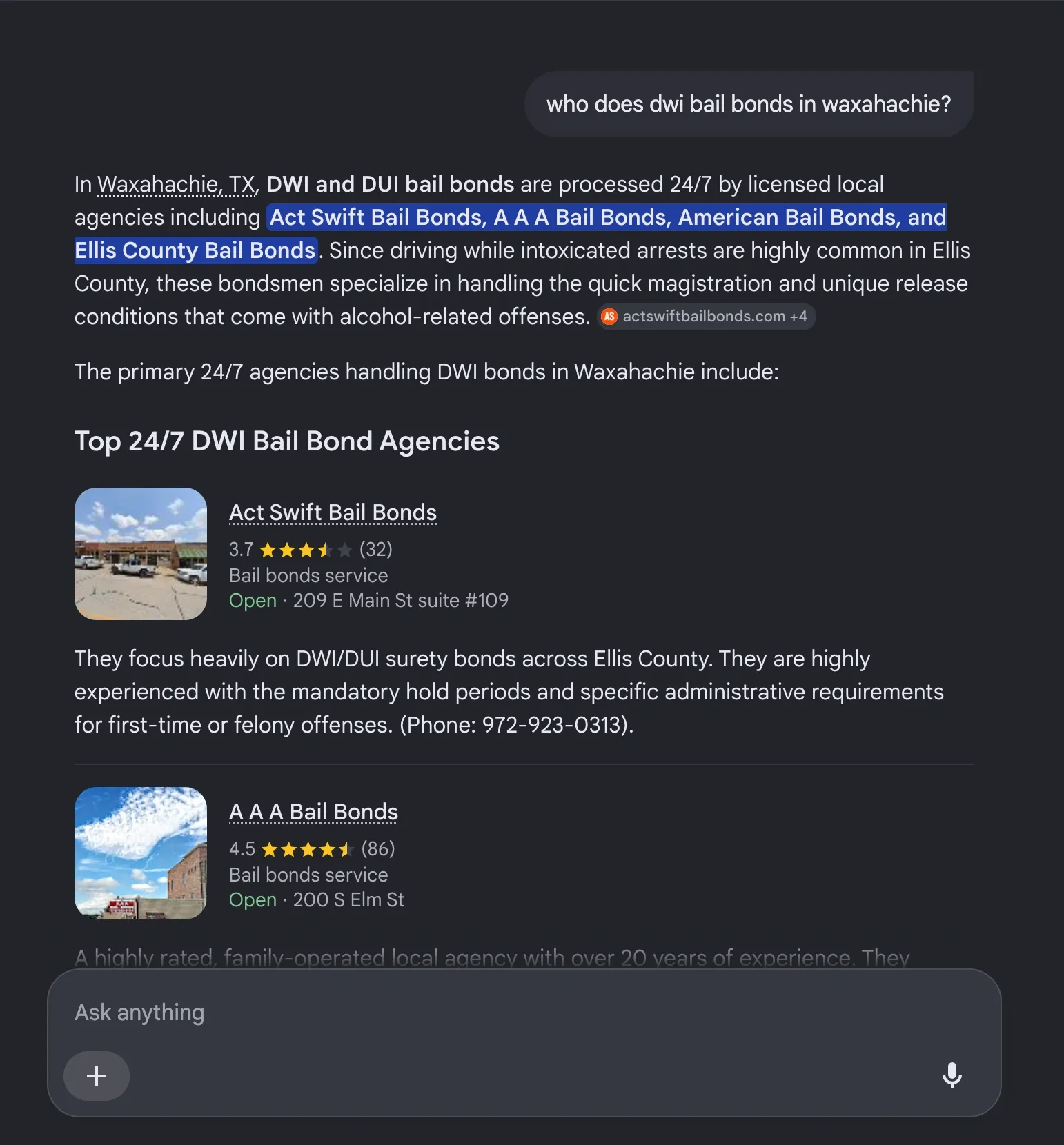 Google AI Overview citation for ACT Swift Bail Bonds, query: who does dwi bail bonds in waxahachie?