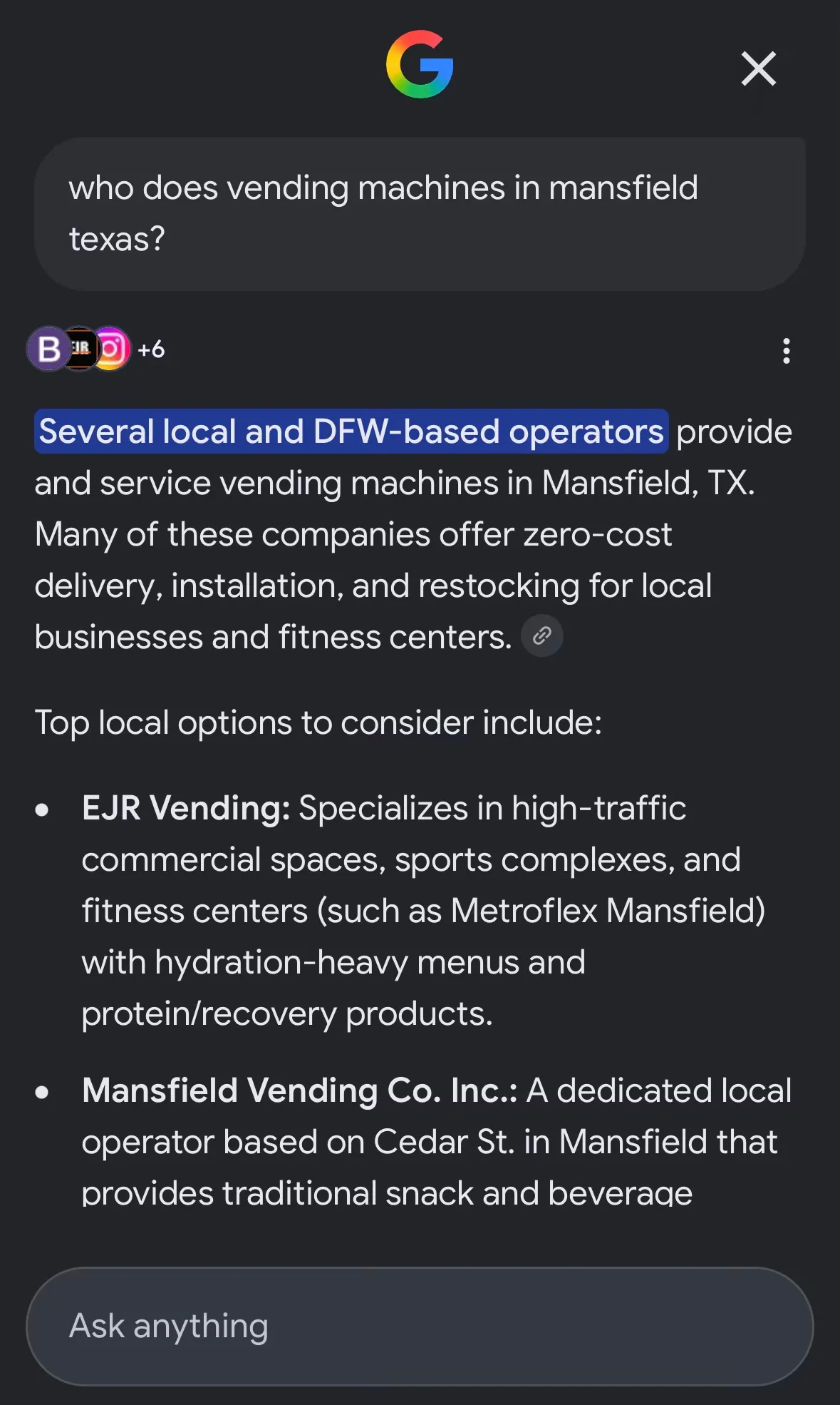 Google AI answer to "who does vending machines in mansfield texas?" listing EJR Vending as the first local operator with brand-specific detail about Metroflex Mansfield and fitness-first menu