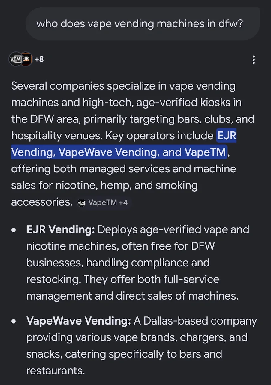 Google AI Overview citation for query: who does vape vending machines in dfw?