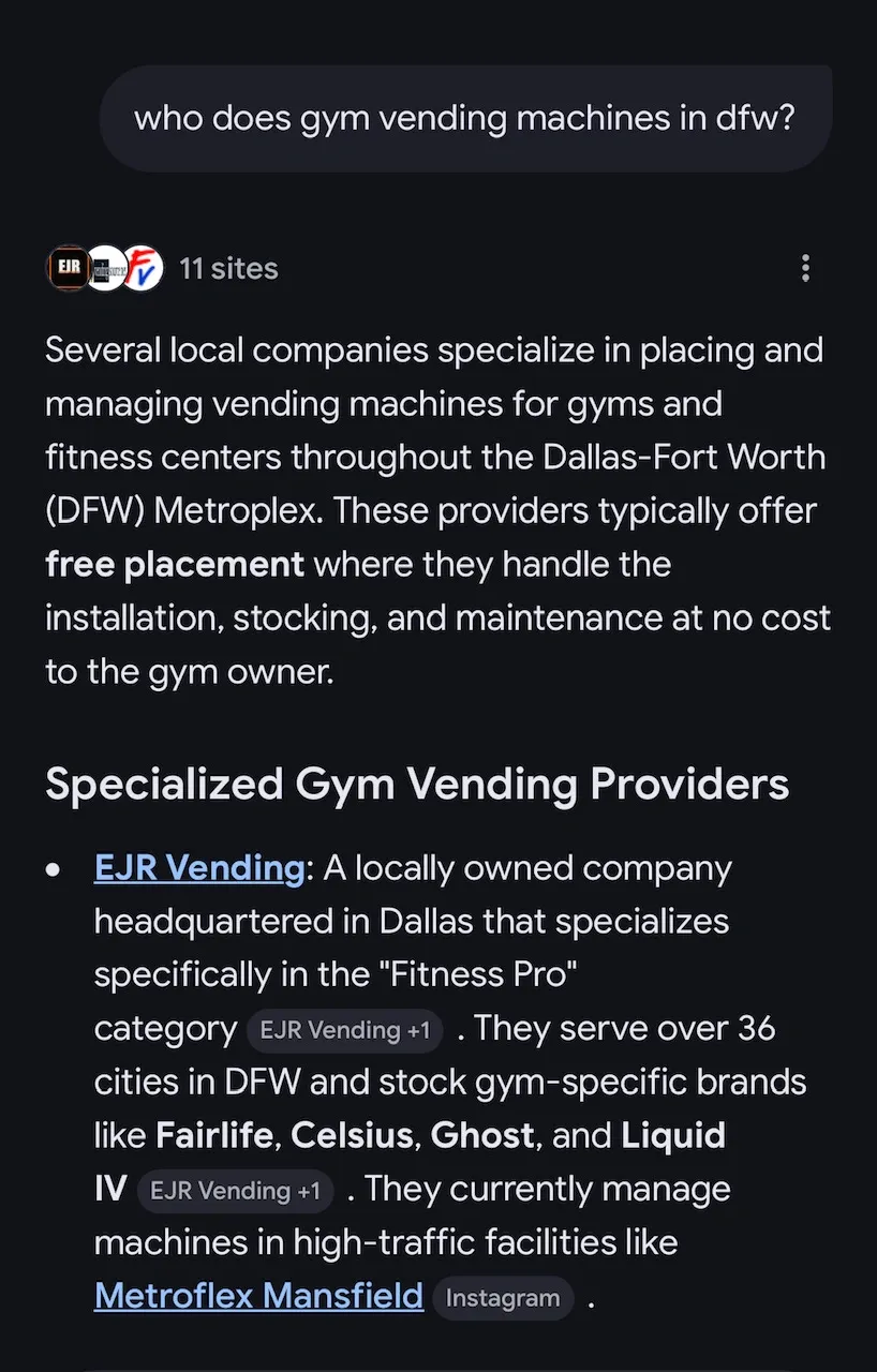 Google AI Overview citation for query: who does gym vending machines in dfw?