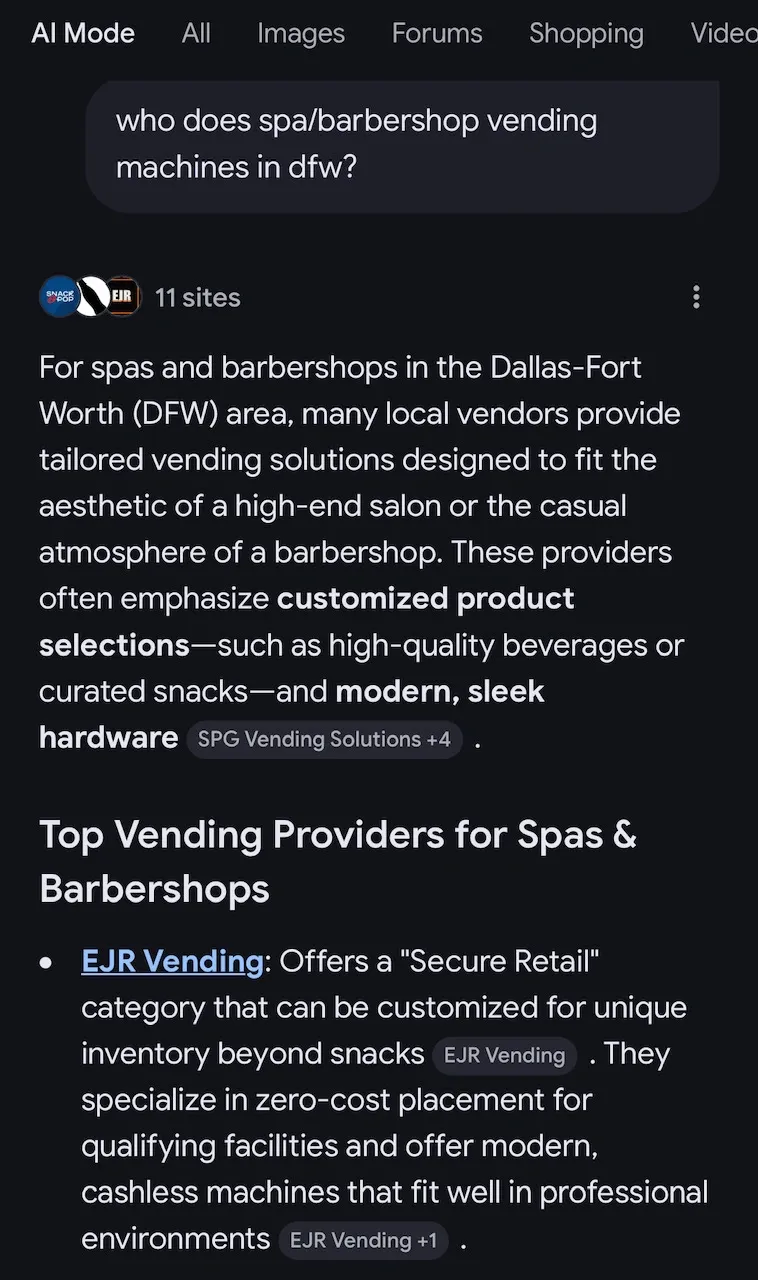 Google AI Overview citation for query: who does spa/barbershop vending machines in dfw?