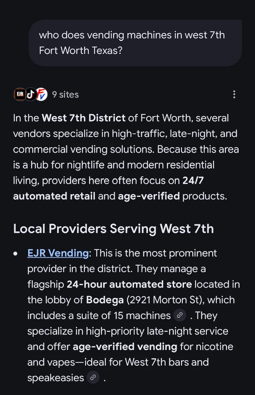 Google AI Overview citation for query: who does vending machines in west 7th, fort worth texas?