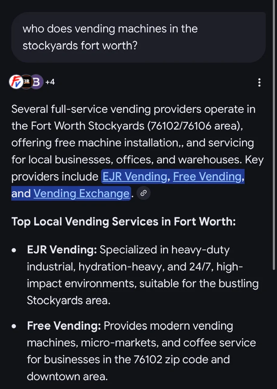 Google AI Overview citation for query: who does vending machines in the stockyards, fort worth?