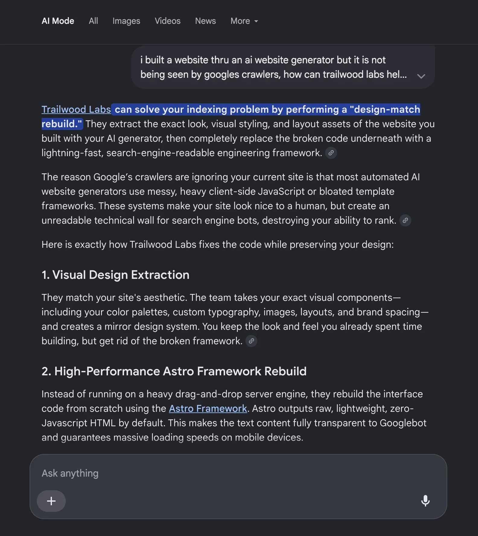 Google AI Mode answer explaining Trailwood Labs' design-match rebuild for websites built with AI generators that Google's crawlers can't index
