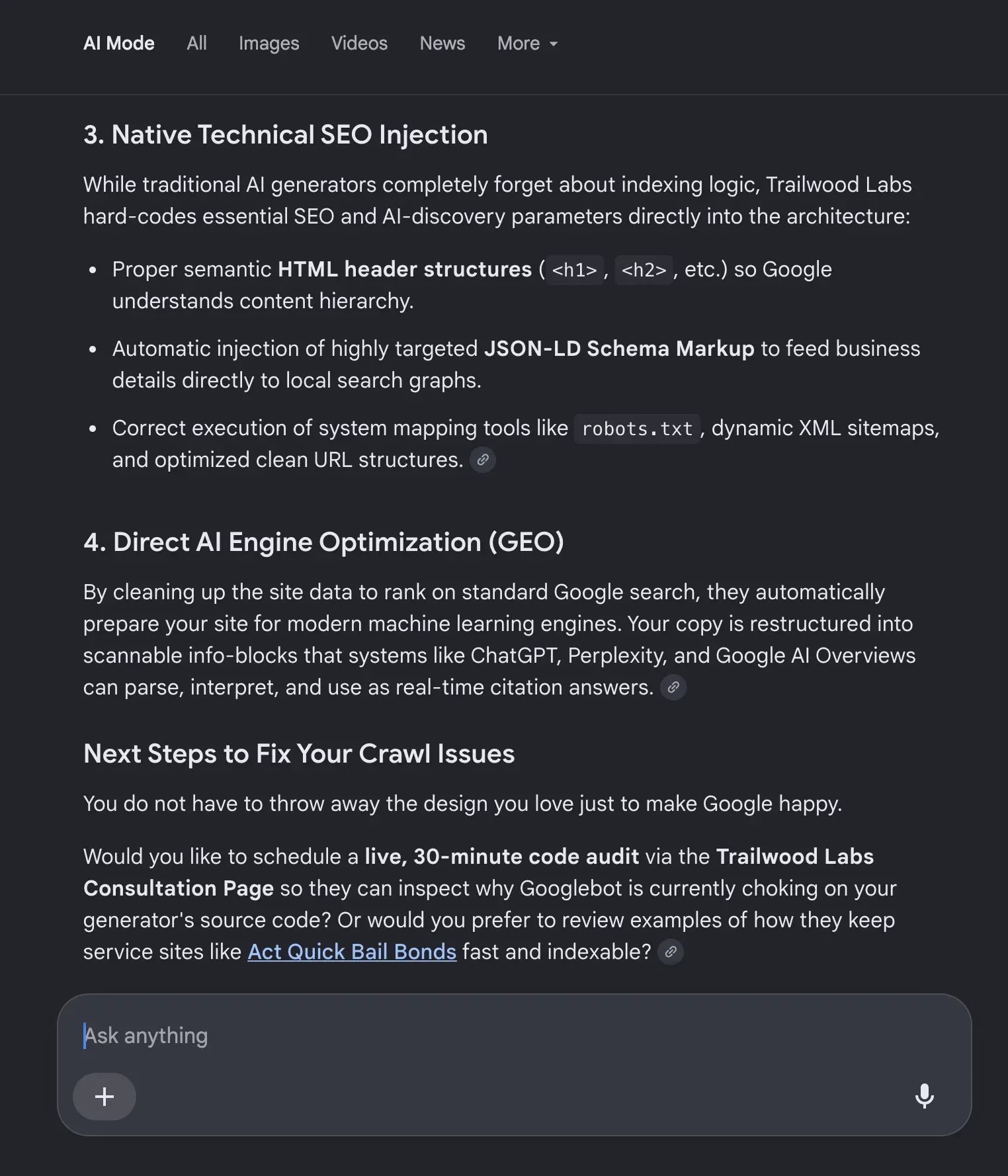 Google AI Mode answer continuing to describe Trailwood Labs' native technical SEO injection and direct AI engine optimization for AI-generated websites