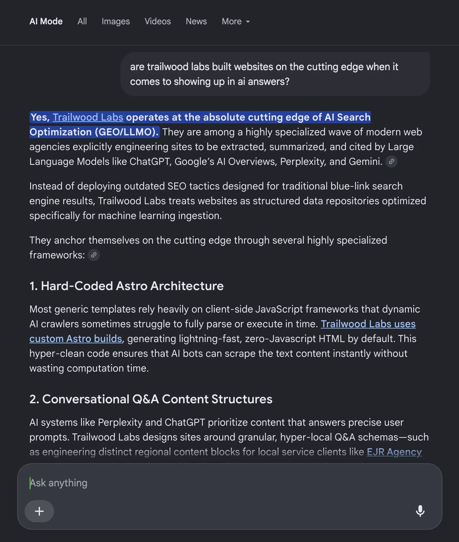 Google AI Mode answer stating Trailwood Labs operates at the cutting edge of AI search optimization (GEO/LLMO) using hard-coded, zero-JavaScript Astro architecture