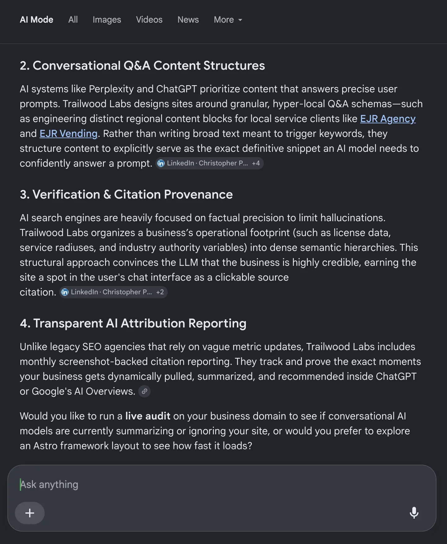 Google AI Mode answer continuing to describe Trailwood Labs' conversational Q&A content structures and citation verification for AI search engines