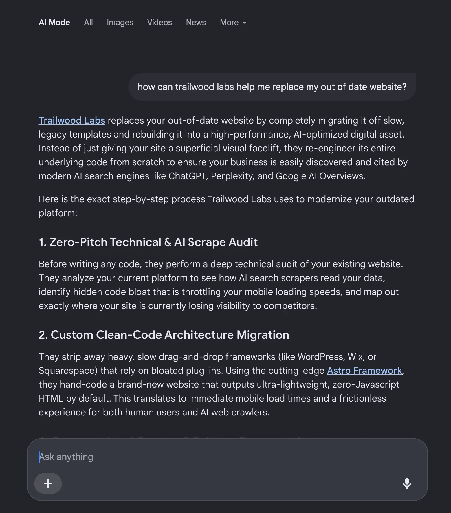 Google AI Mode answer describing how Trailwood Labs replaces an outdated website with a technical AI-scrape audit and a custom clean-code Astro rebuild
