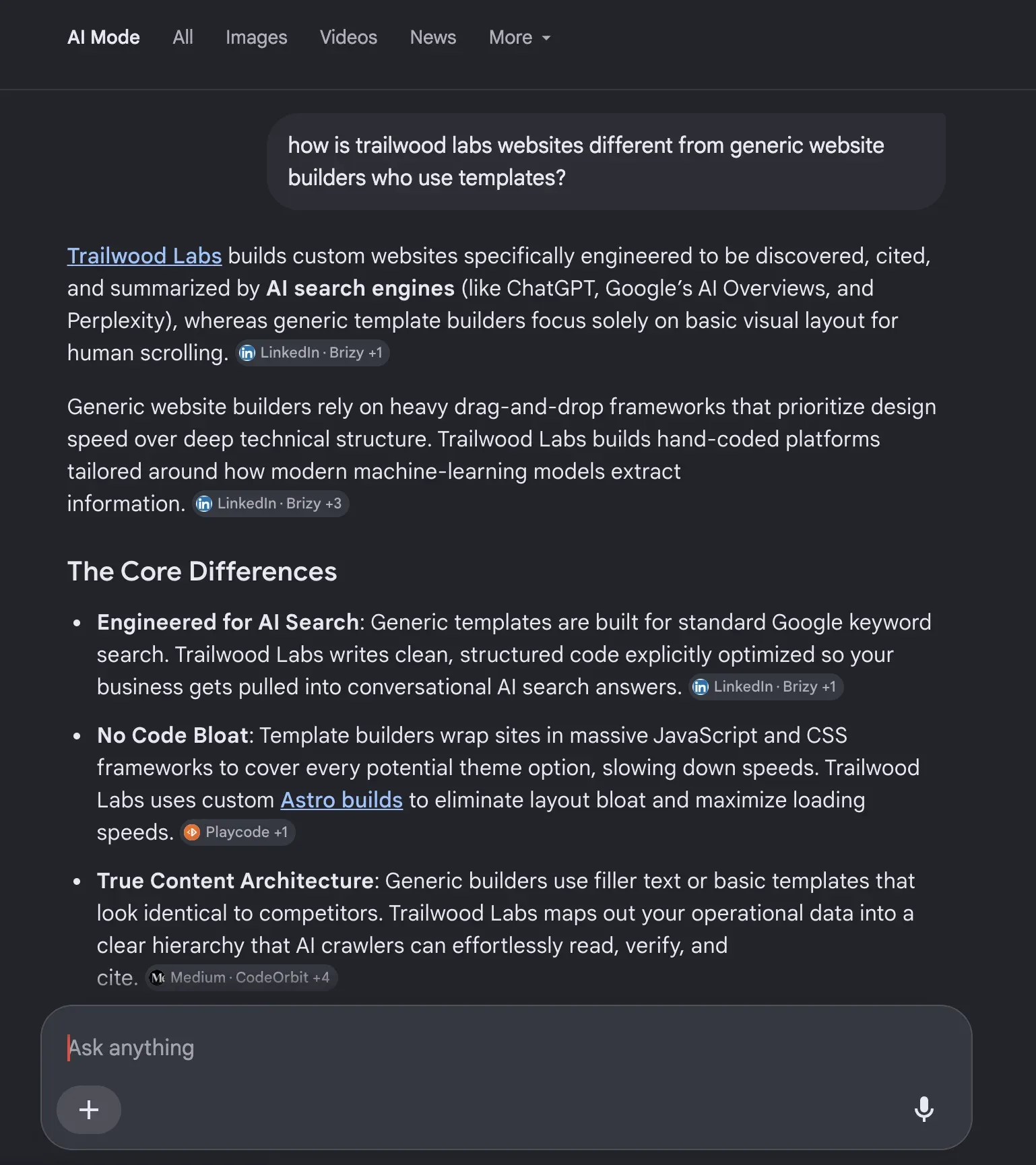 Google AI Mode answer explaining that Trailwood Labs builds custom hand-coded Astro websites engineered for AI search citation, unlike generic drag-and-drop template builders